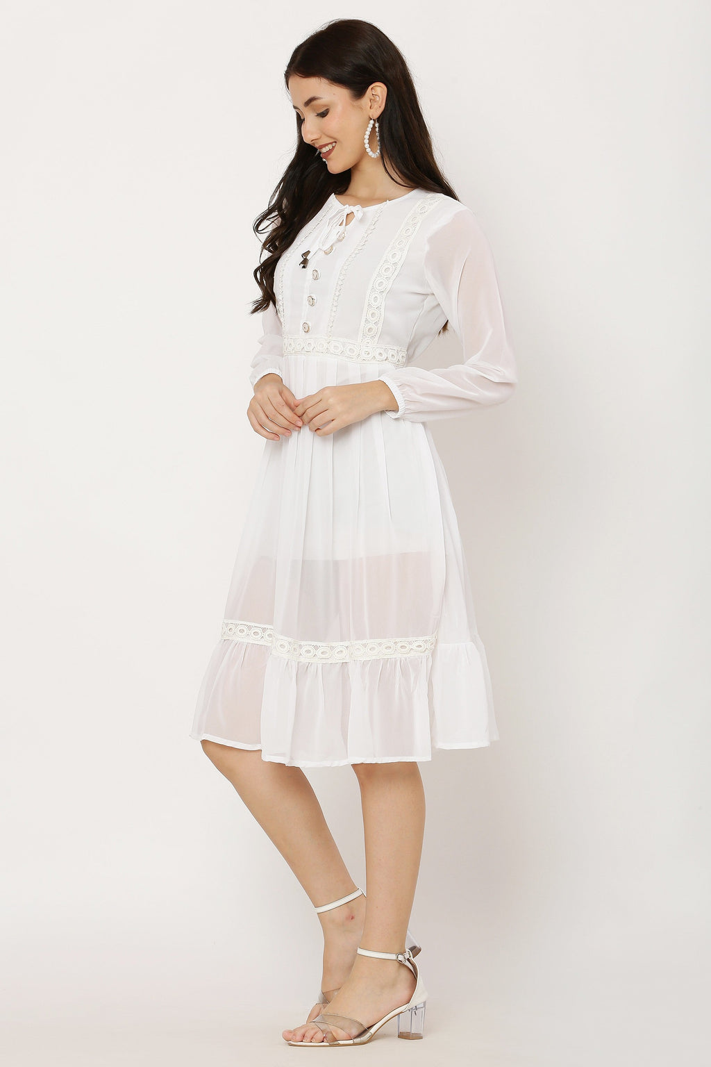 PAVONINE White Color Georgette Fabric Lace Inserts Dress For Girls