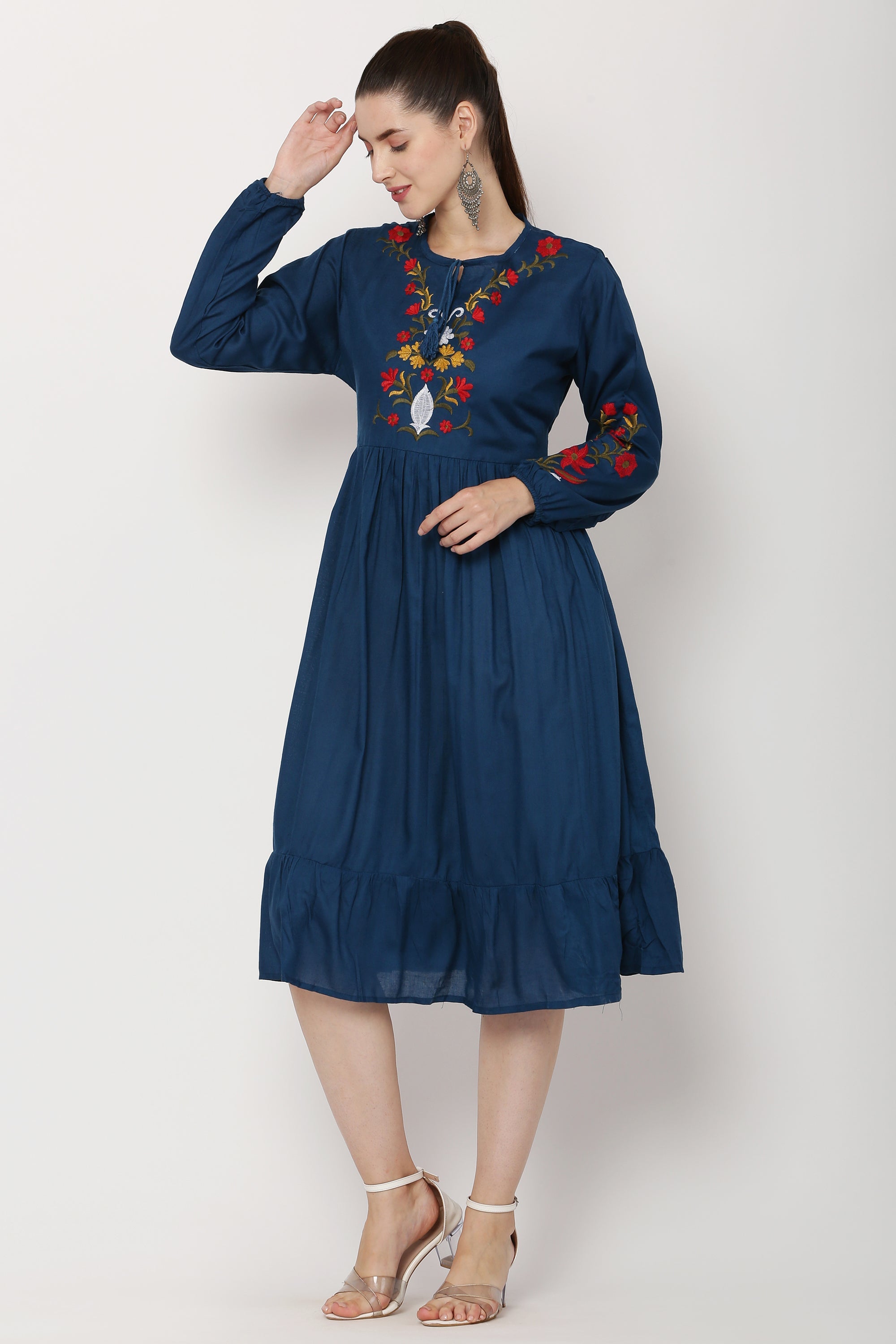 PAVONINE Navy Blue Color Flower Embroidery Dress For Women