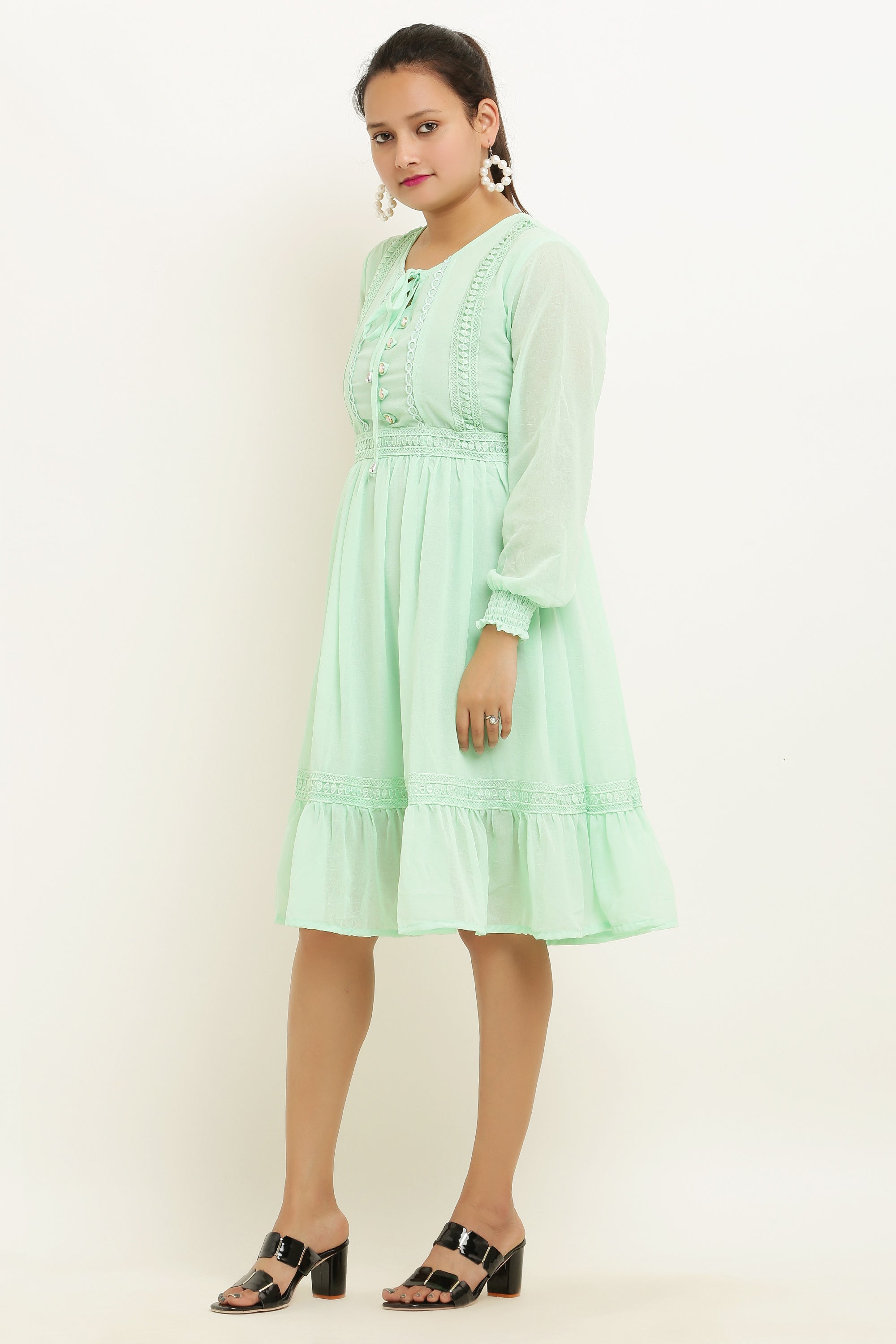 PAVONINE Pista Color Georgette Fabric Lace Inserts Midi For Girls