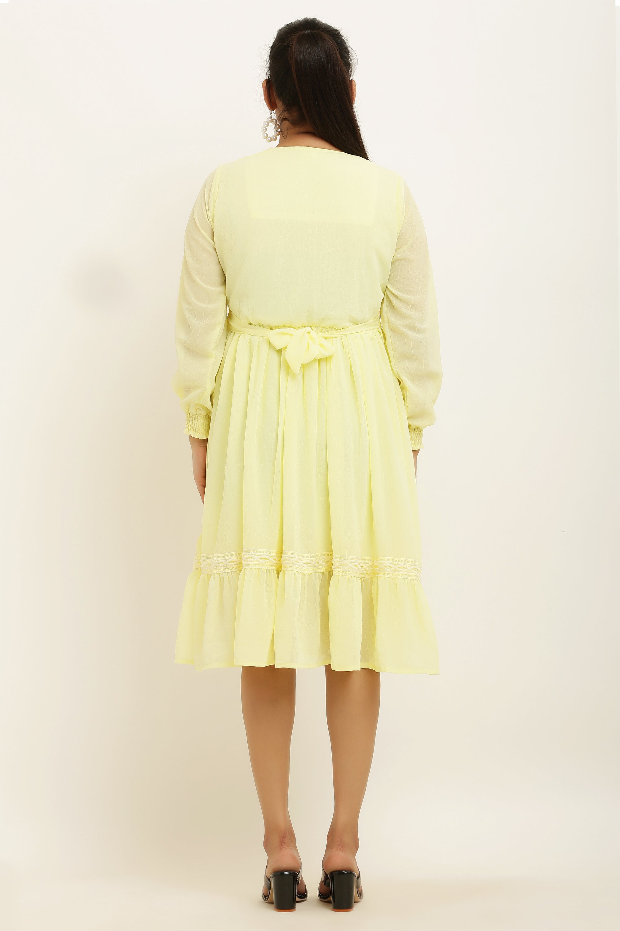PAVONINE Lemon Color Georgette Fabric Lace Inserts Midi For Girls