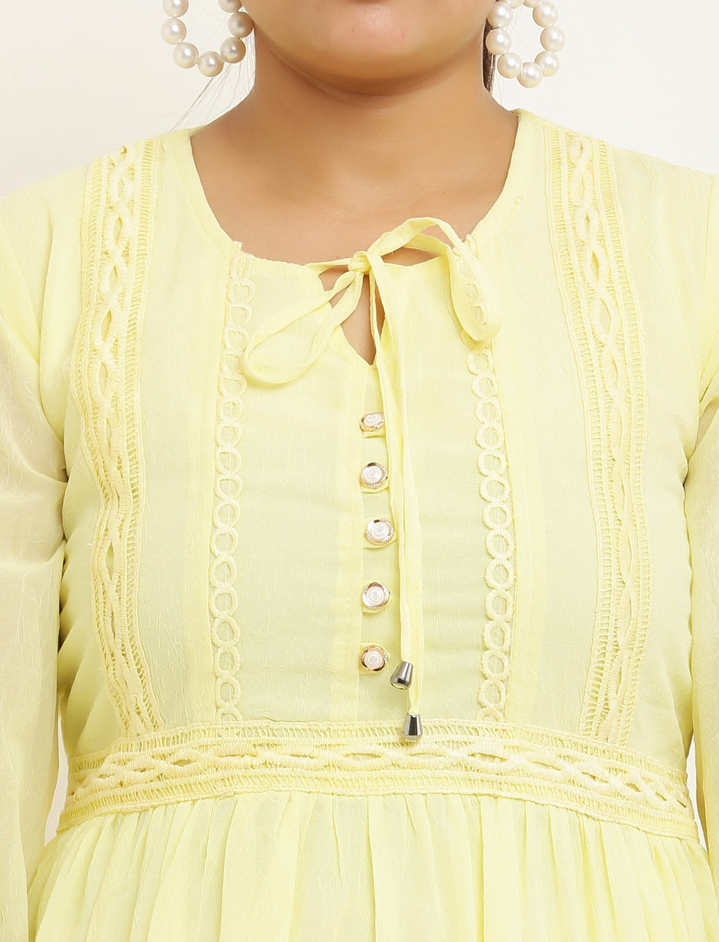 PAVONINE Lemon Color Georgette Fabric Lace Inserts Midi For Girls