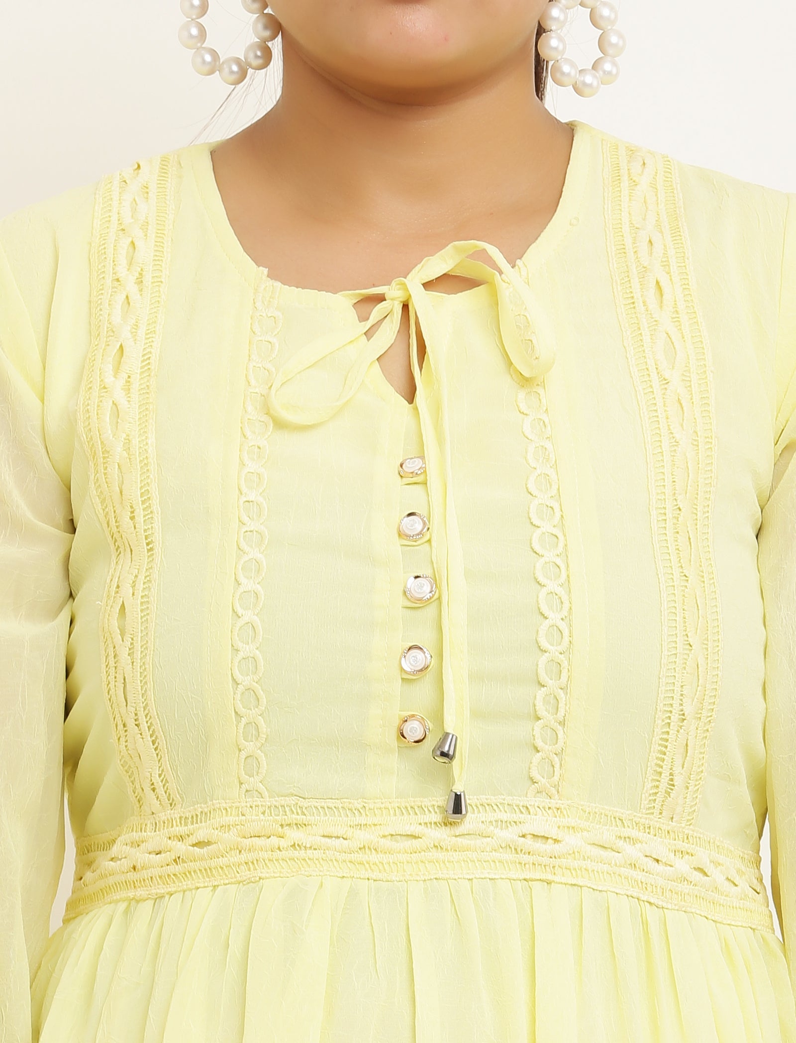 PAVONINE Lemon Color Georgette Fabric Lace Inserts Midi For Girls