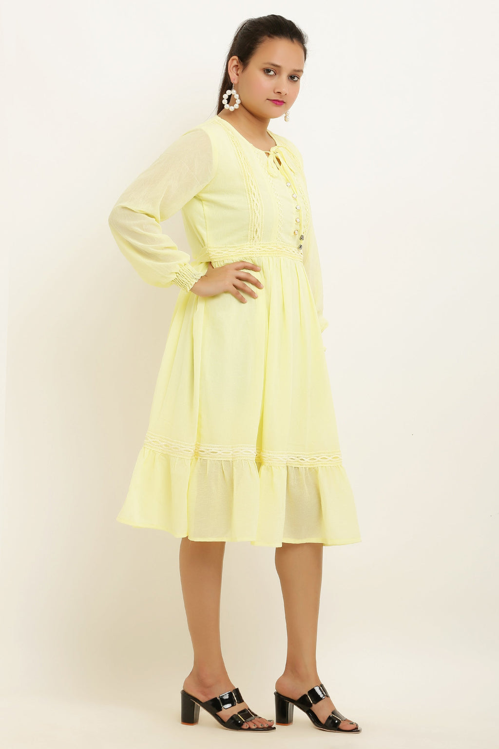 PAVONINE Lemon Color Georgette Fabric Lace Inserts Midi For Girls