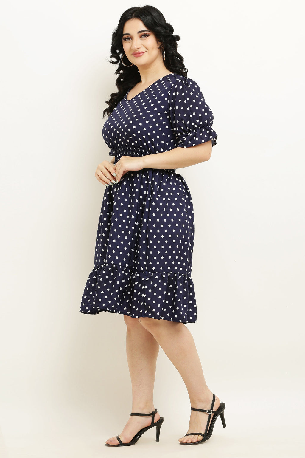 PAVONINE Micro Dots Waist Kansai Crepe Fabric Navy Blue Midi For Girls