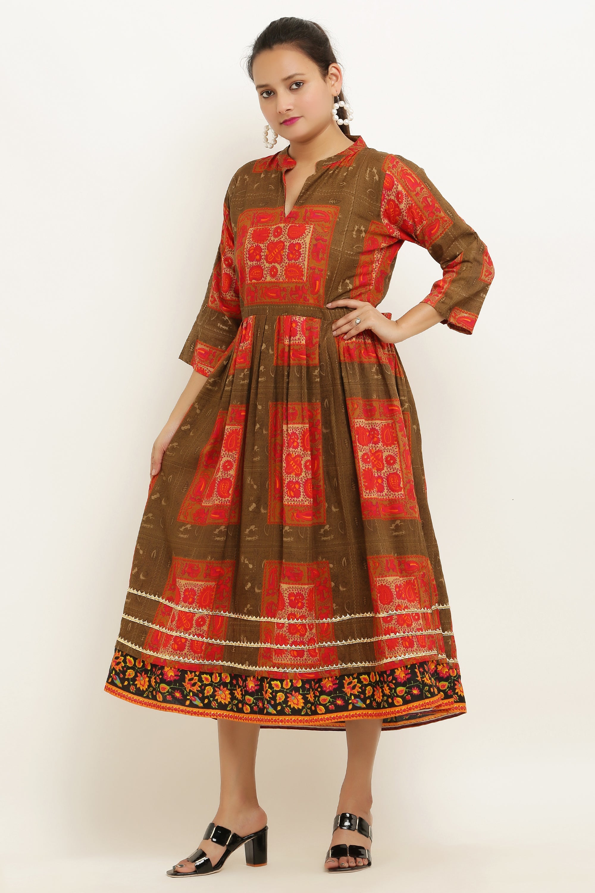 PAVONINE Jaipuri Block Print Mehandi Color Dress For Girls & Women
