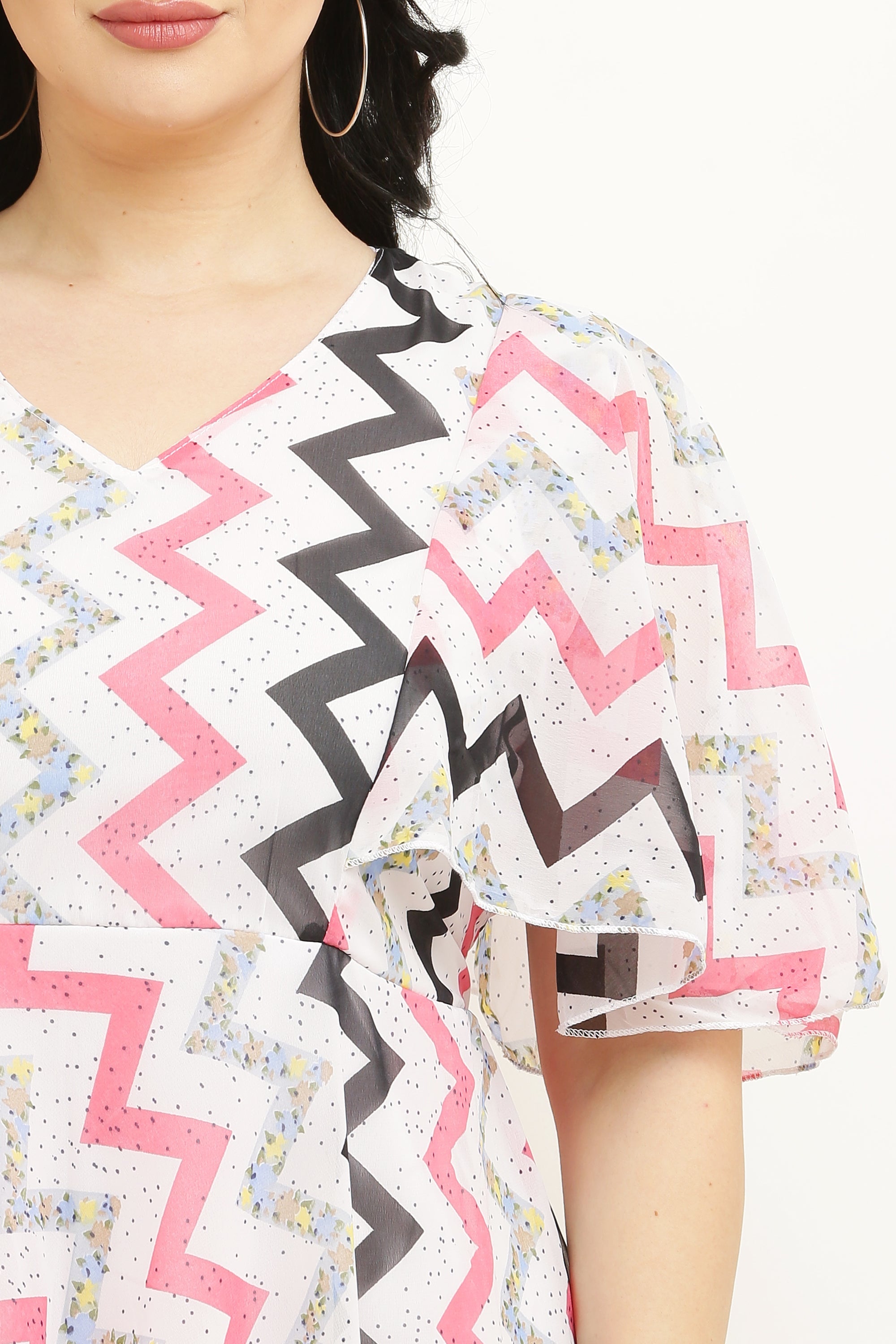 PAVONINE Zig-Zag Printed Georgette Fabric Peach Dress For Women