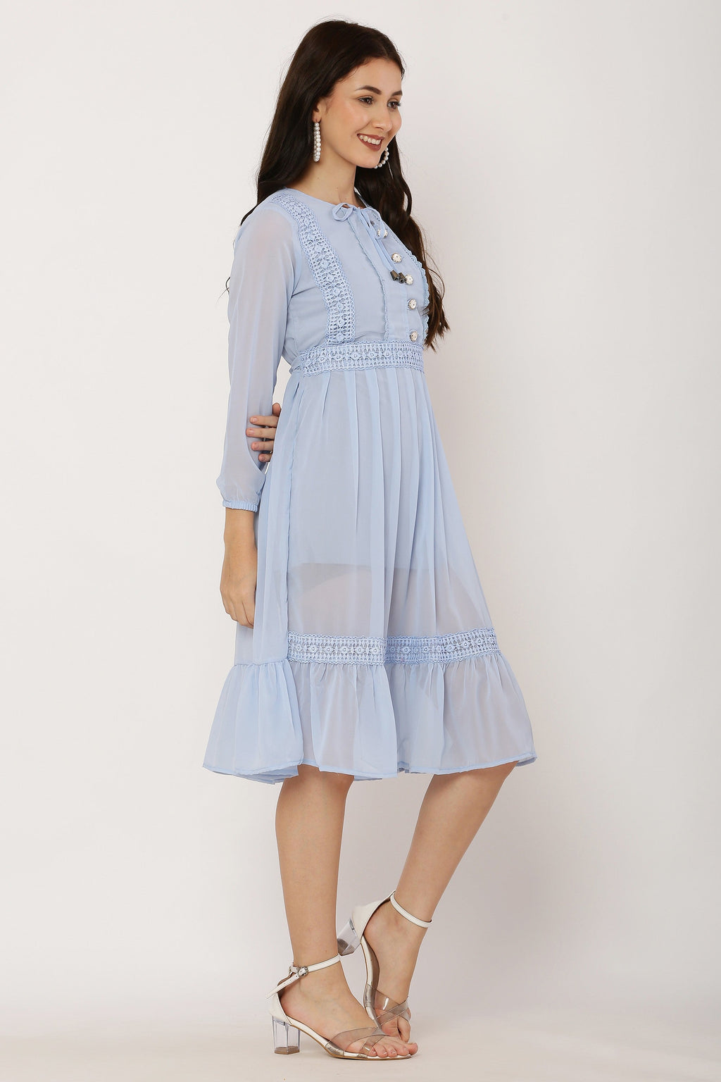 PAVONINE Sky Blue Color Georgette Fabric Lace Inserts Dress For Girls