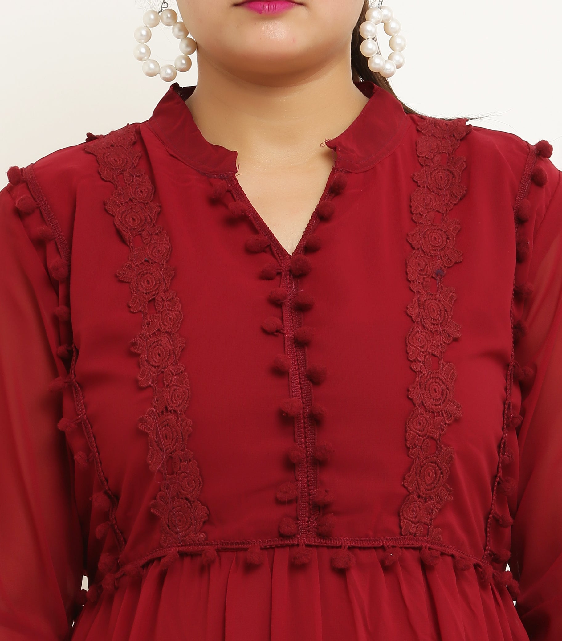 PAVONINE Pum Pum & Lace Inserted Maroon Color Dress For Girls & Women