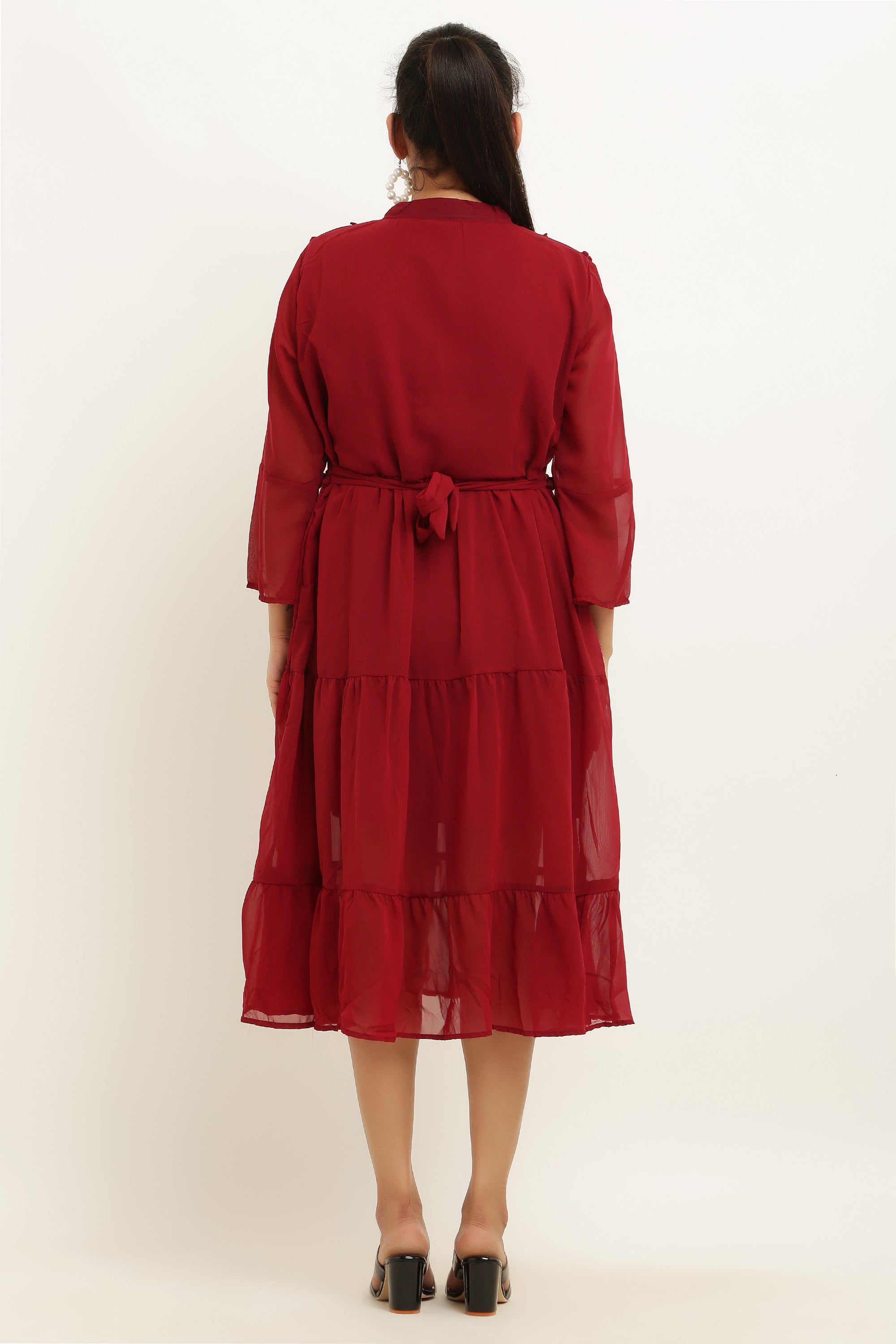 PAVONINE Pum Pum & Lace Inserted Maroon Color Dress For Girls & Women