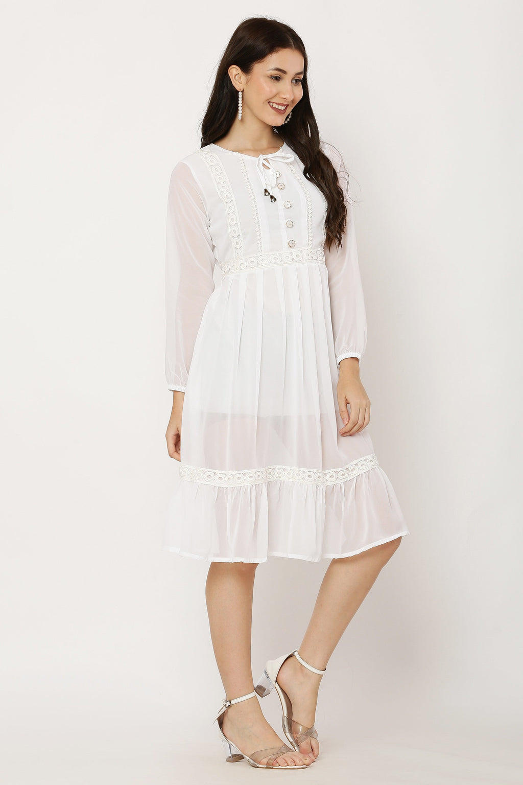 PAVONINE White Color Georgette Fabric Lace Inserts Dress For Girls