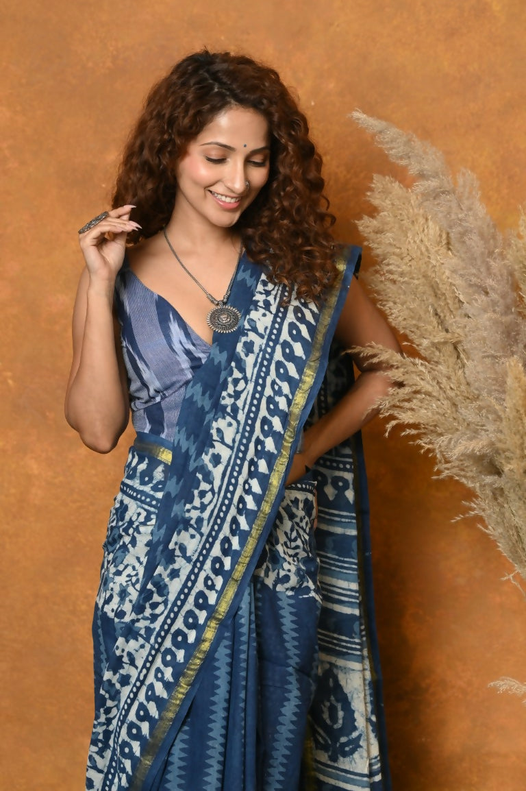 Very Much Indian Handblock Printed Cotton Saree With Natural Dyes - Blue