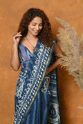 Very Much Indian Handblock Printed Cotton Saree With Natural Dyes - Blue