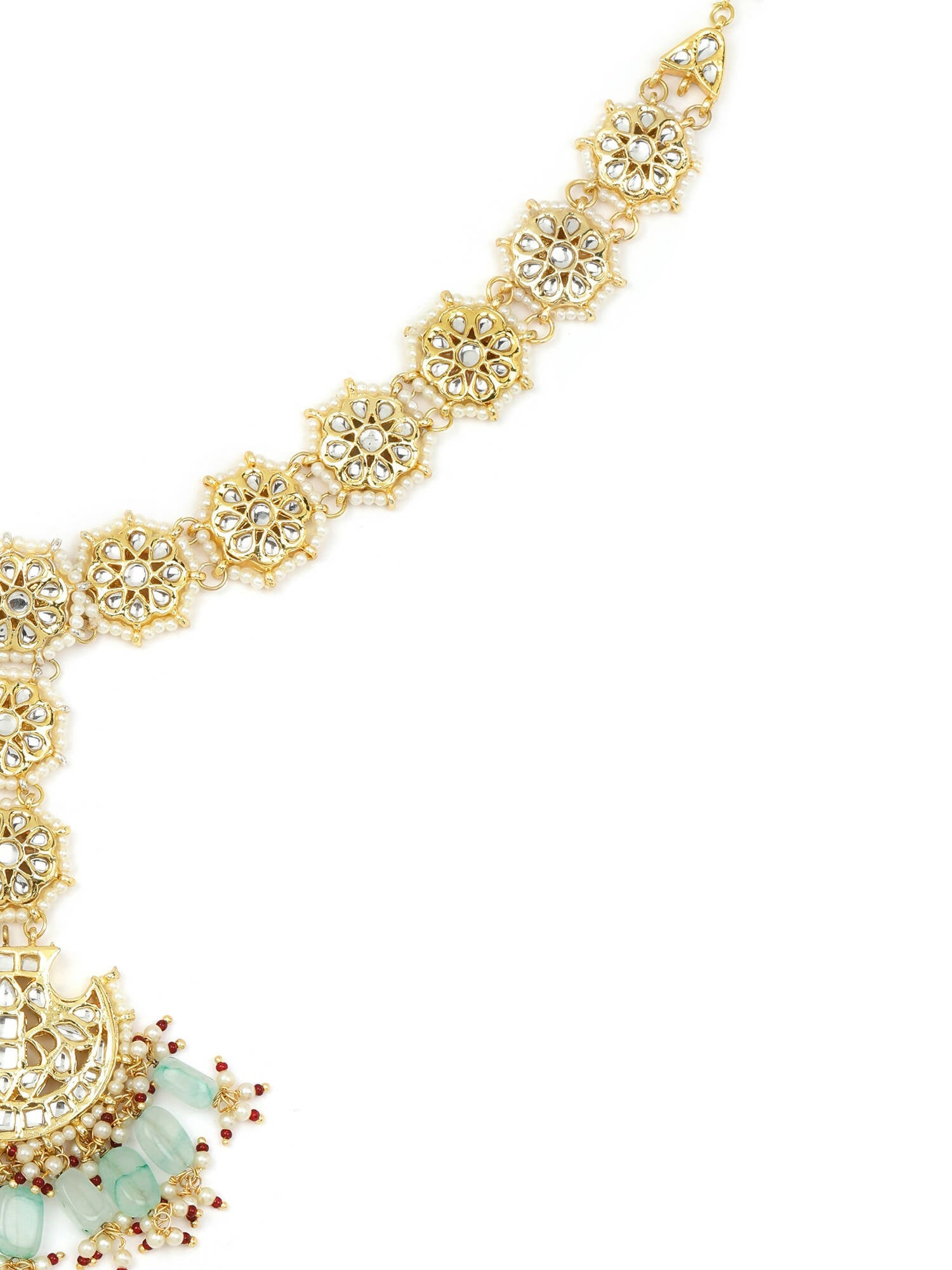 Gold-Polished White Blue Kundan-Studded Pearl Beaded Matha Patti - Ruby Raang