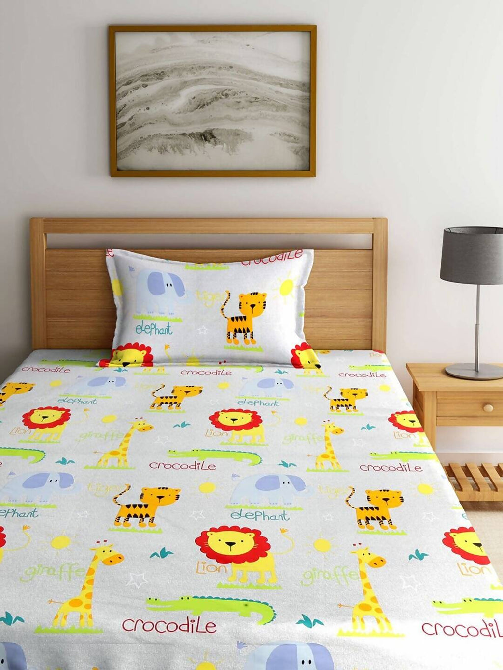 Home Sizzler White & Orange Cartoon Characters 210 TC Bedsheet with Pillow Covers