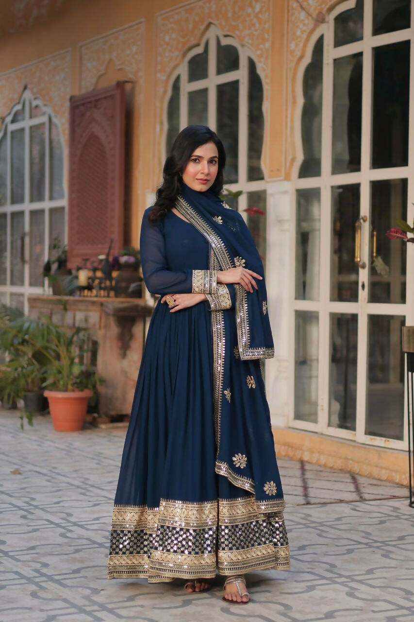 Vastranavya Premium Designer Faux Blooming with Embroidery Zari Sequins work Gown - Teal