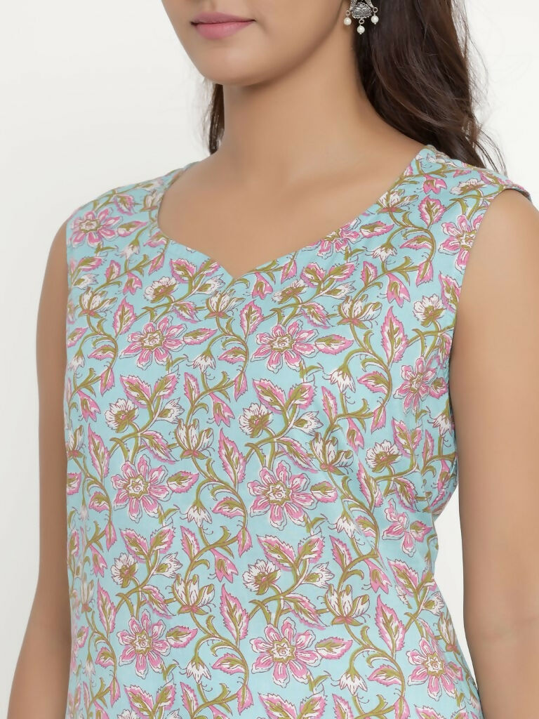 Miravan Women's Pure Cotton Floral Printed Sleeveless Straight Kurta