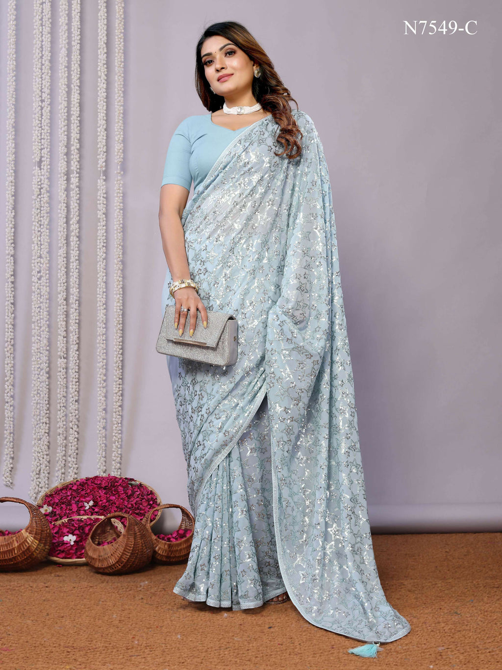Sky Blue Pure Georgette Embroidered Saree With Stitched Blouse - Nimaya Kaksha