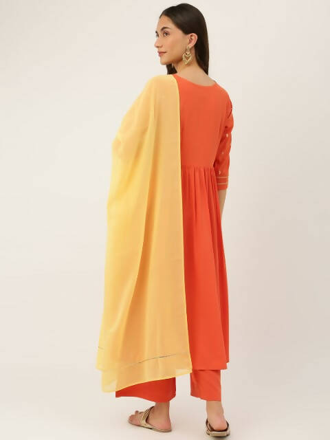 FIORRA Women's Orange Poly Crepe Flared Kurta With Dupatta