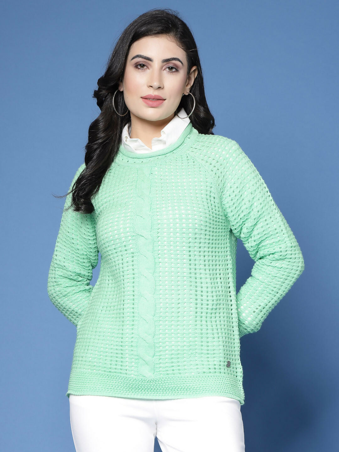 Women Green Acrylic Pointele Sweater - Wool Trees