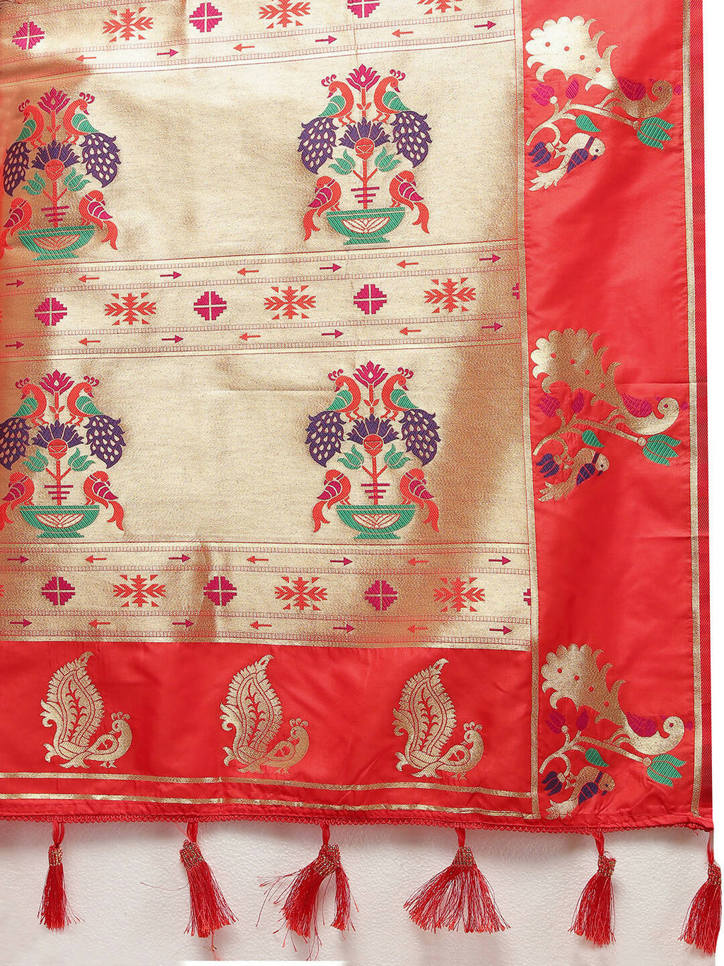 Lorenvalley Fashion Red Soft Paithani Silk Woven Design Gold Zari Meenakari Weaving Saree