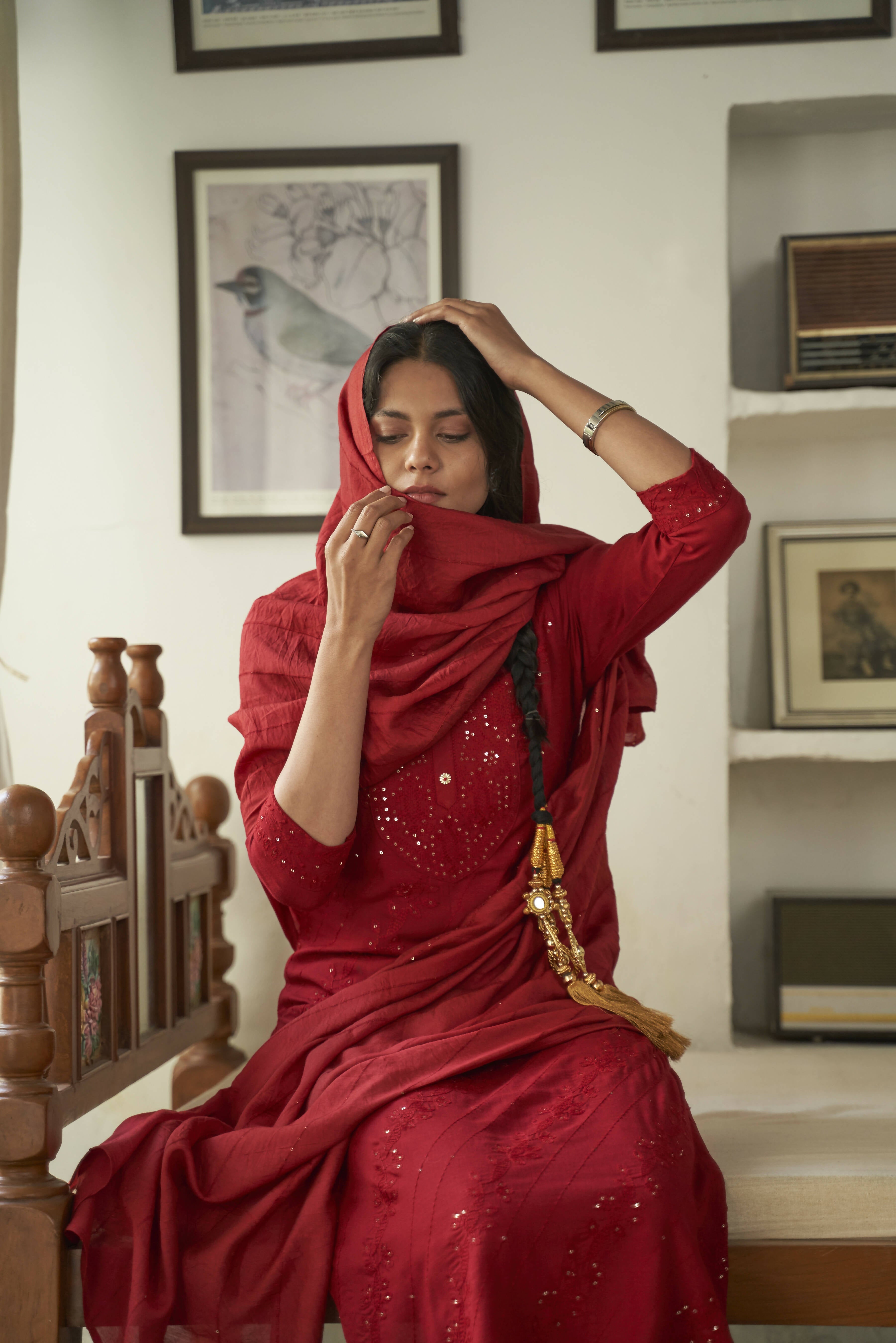 Maroon Rayon Sequence Embroidery work Straight kurta with Pant & Dupatta - Akashara