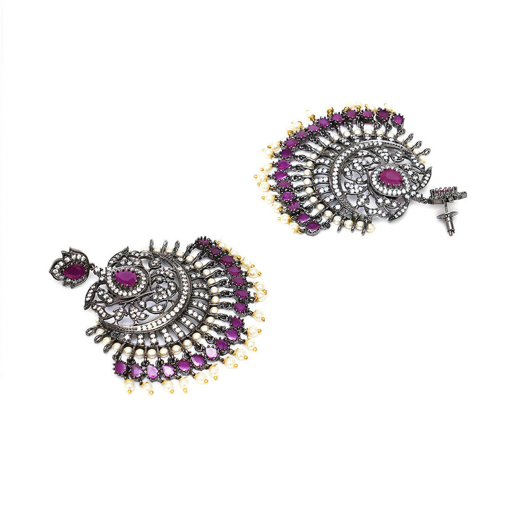 Diamond & Maroon Stone Earrings with Matching Maang Tikka- Ruby Raang