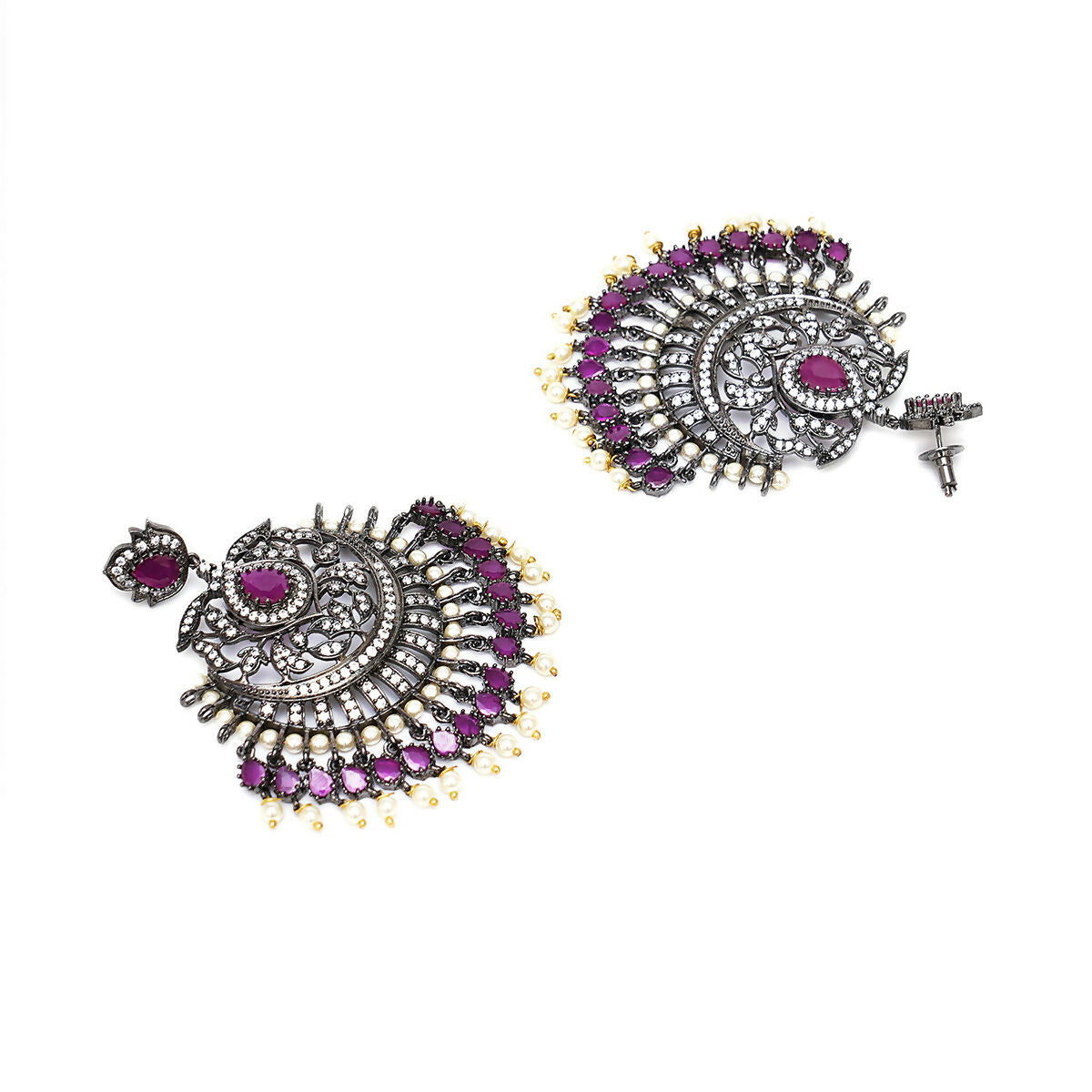Diamond & Maroon Stone Earrings with Matching Maang Tikka- Ruby Raang
