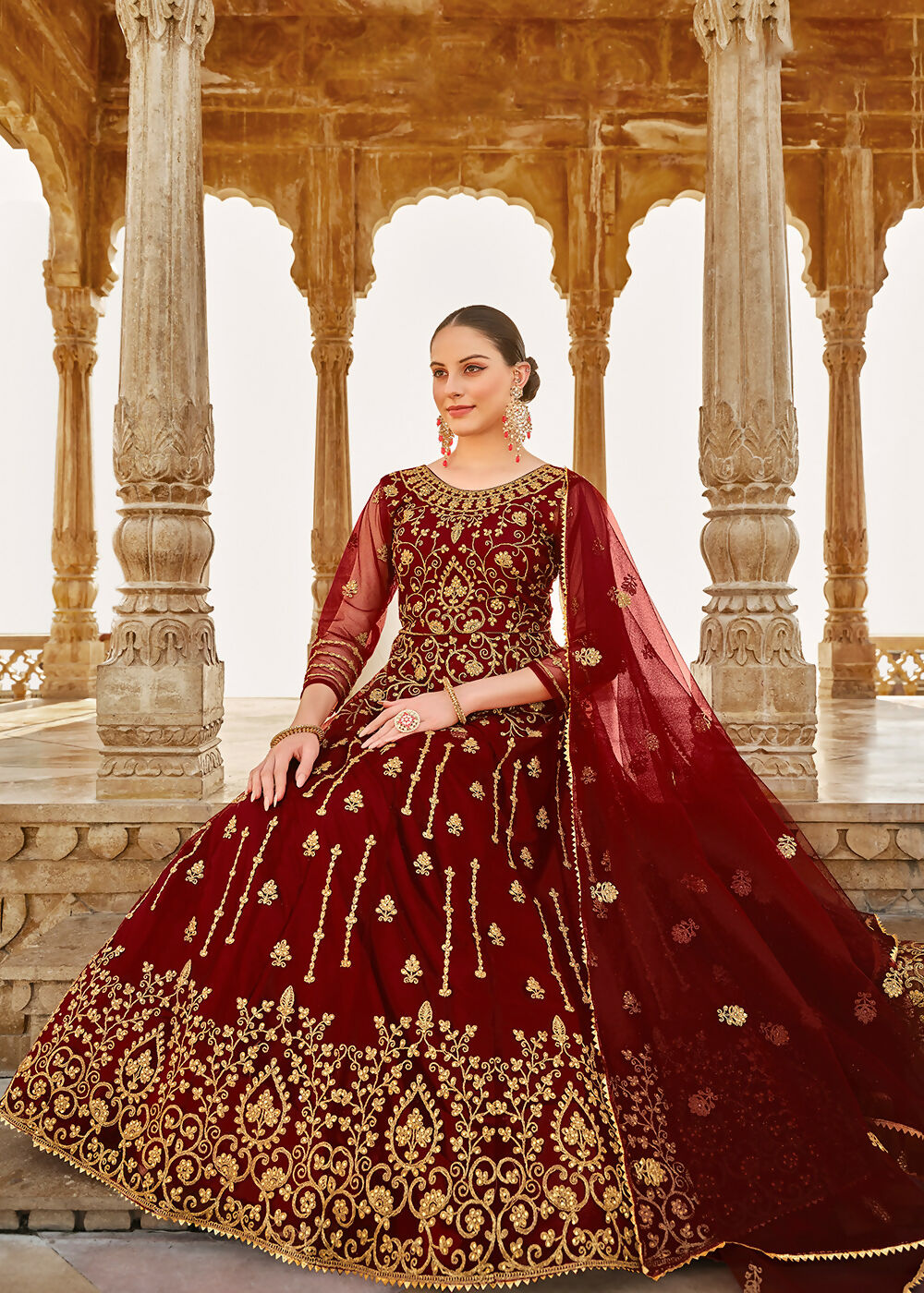 Heavy Stone Embroidered Maroon Designer Anarkali Suit - Emponline