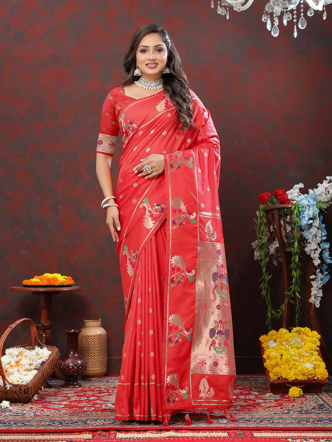 Lorenvalley Fashion Red Soft Paithani Silk Woven Design Copper Zari Meenakari Weaving Saree