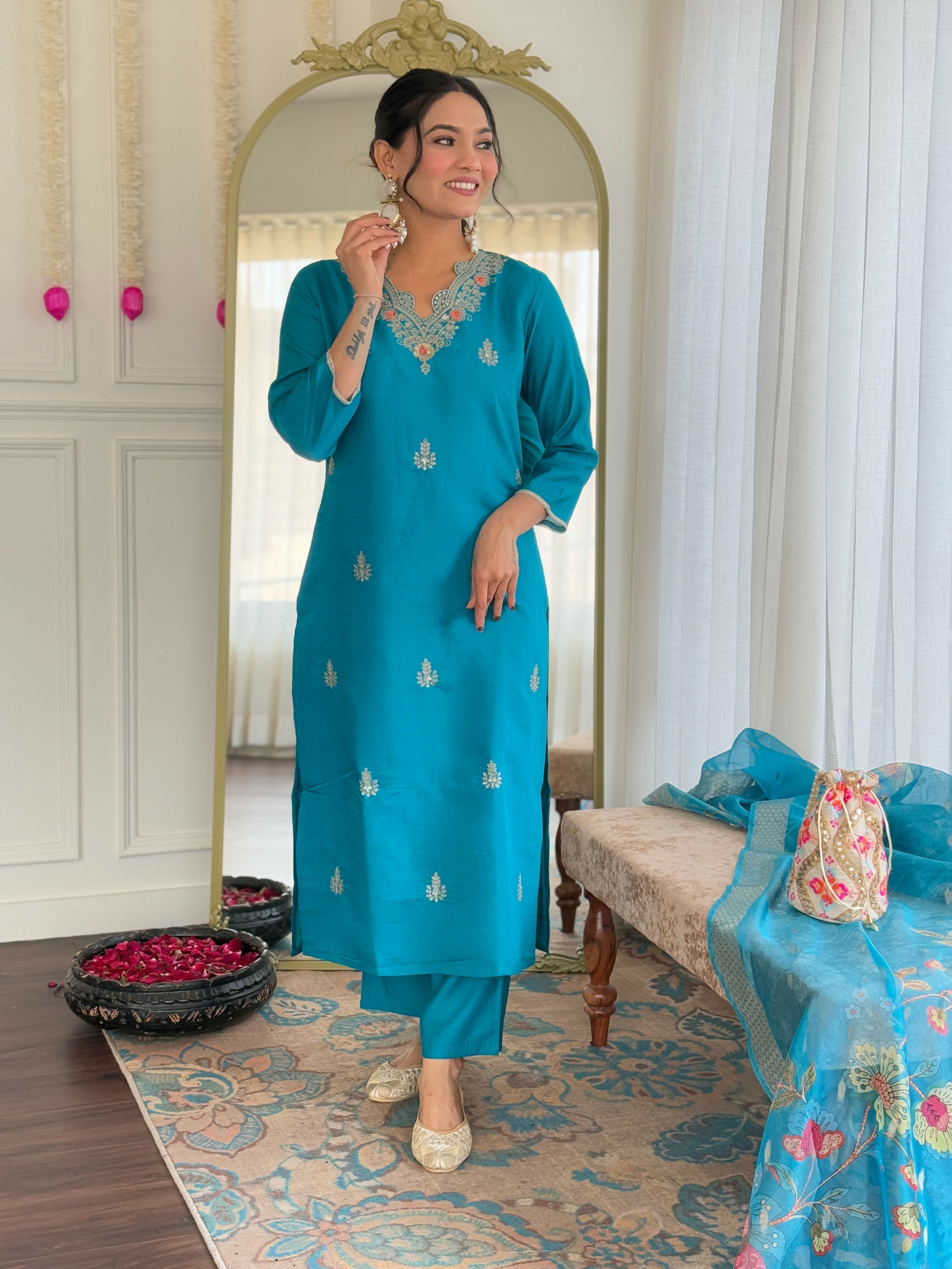 The52 Blue Women's Gorgeous Viscose Fabric Embroidered Work Straight Kurta, Pant and Dupatta Set