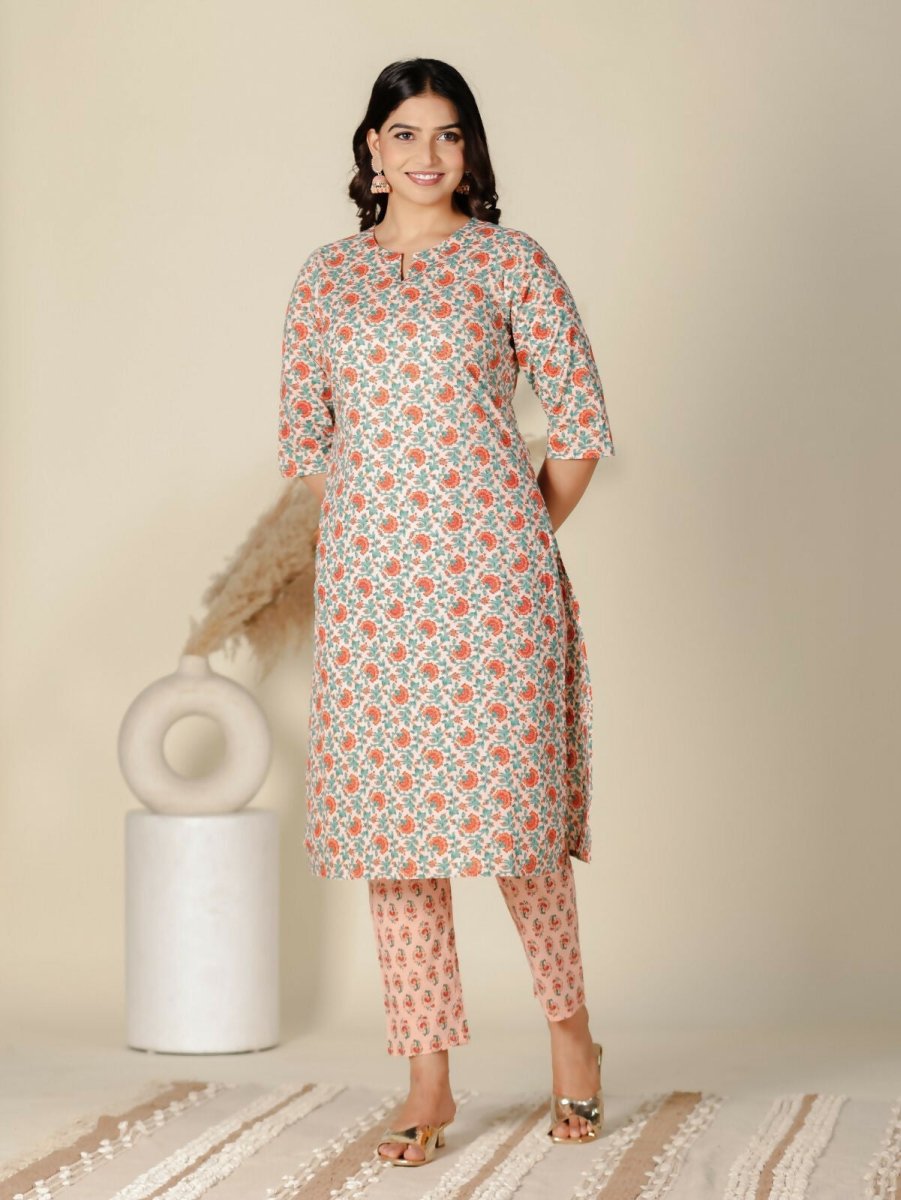 Aramya Orange Soft Cotton Floral Print Straight Kurta Set for Women