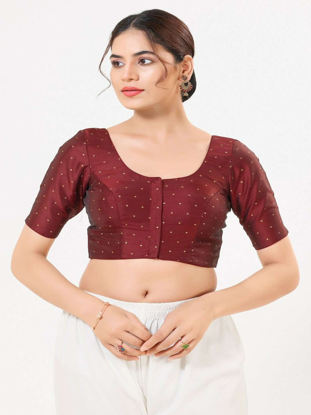 Joban Fashion Dark-Maroon Taffeta Silk Elbow Sleeveless Front Open Blouse