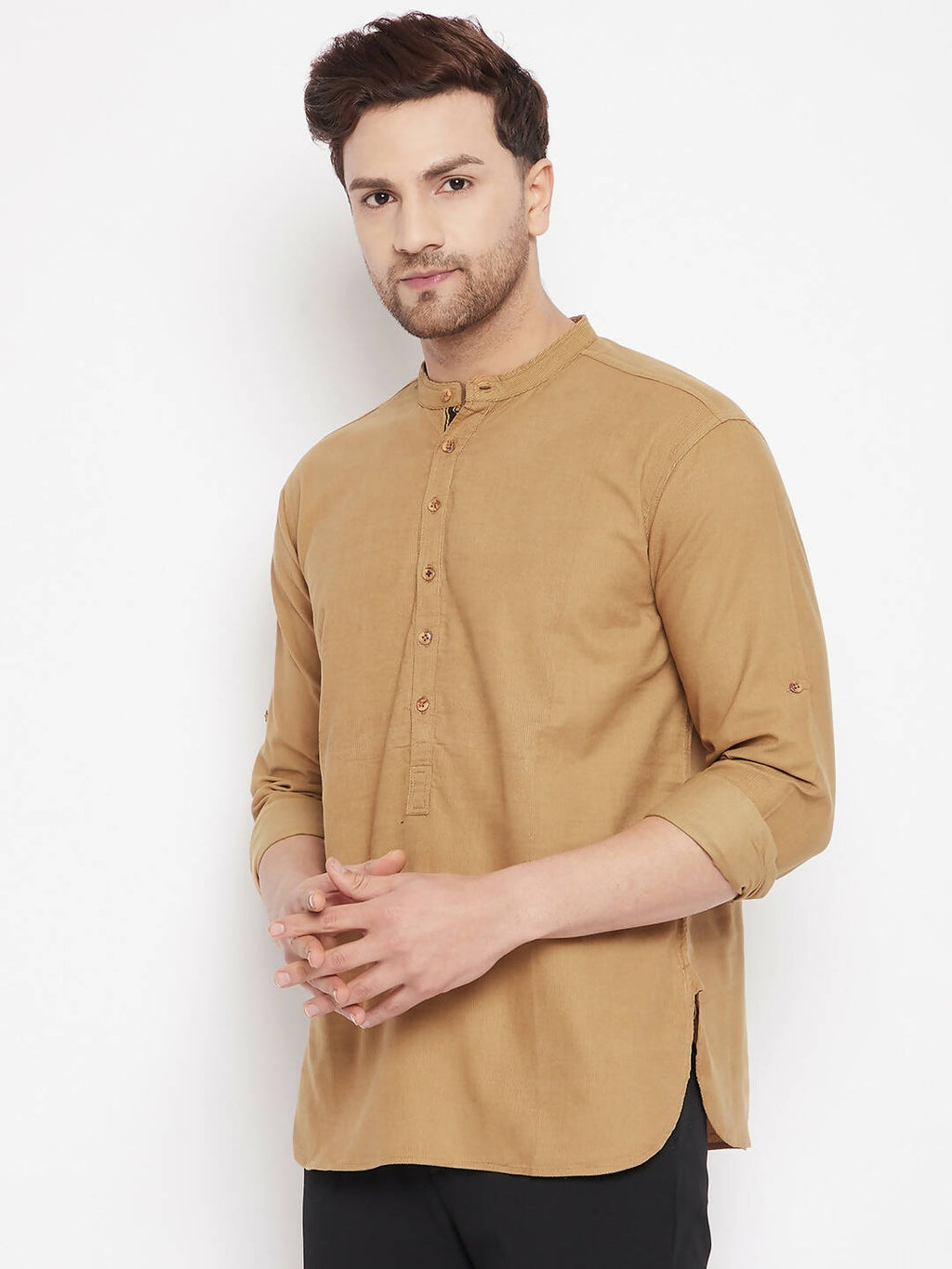 Even Apparels Beige Pure Cotton Short Men's Kurta With Band Collar
