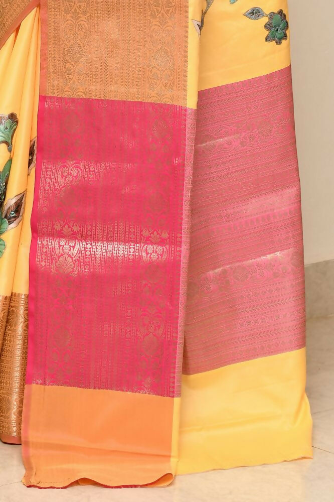 Joban Fashion Yellow Pink Saree Kataan Applick Witch Mirror