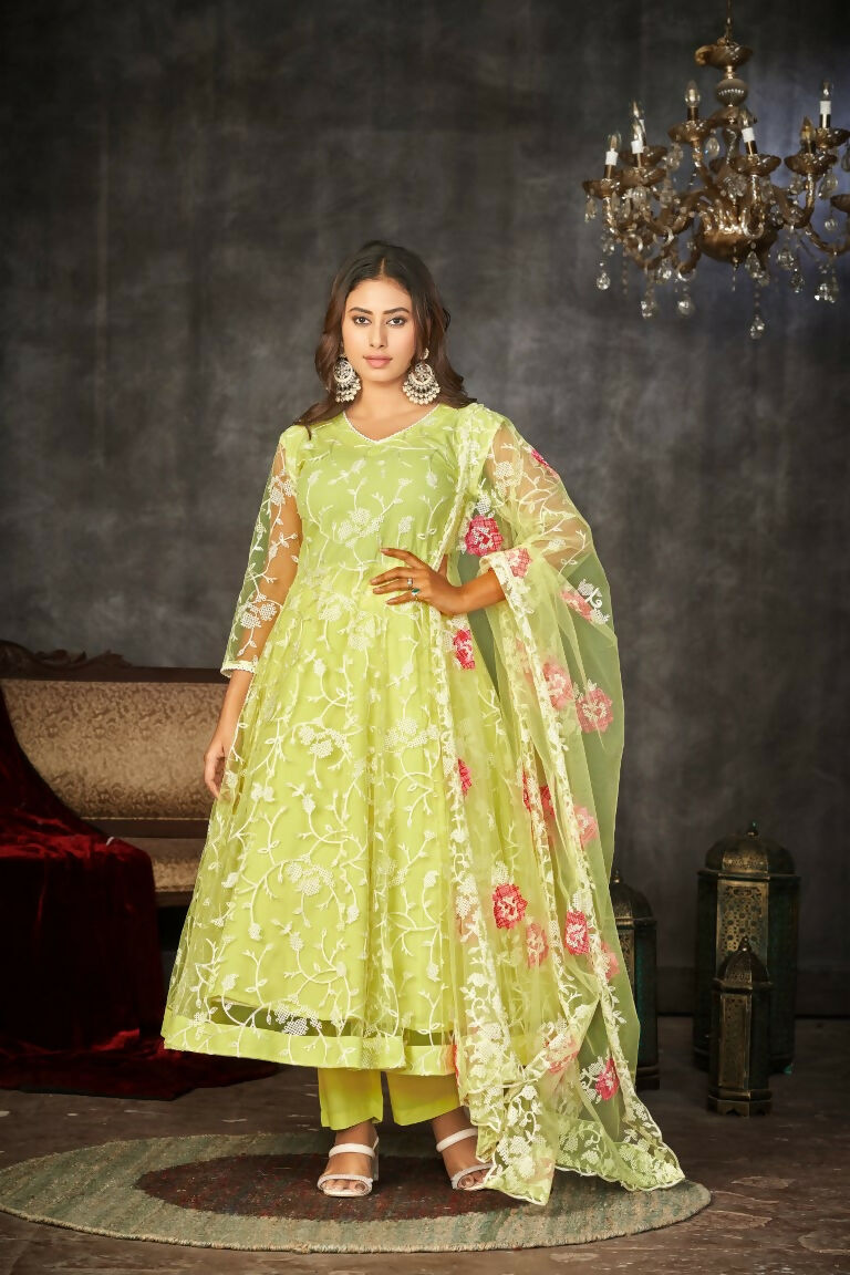Jyoti Fashion Women's Pista Net Embroidered Anarkali Kurta Pant Set With Dupatta