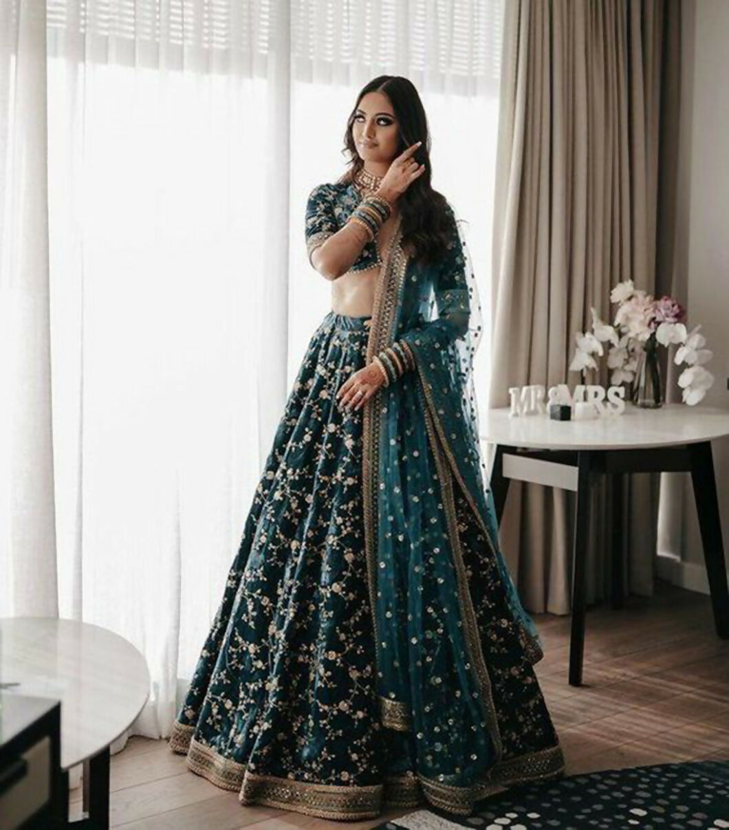 Jyoti Fashion Bottle Green Cording & Sequence Embroidery Velvet Lehenga Choli with Dupatta