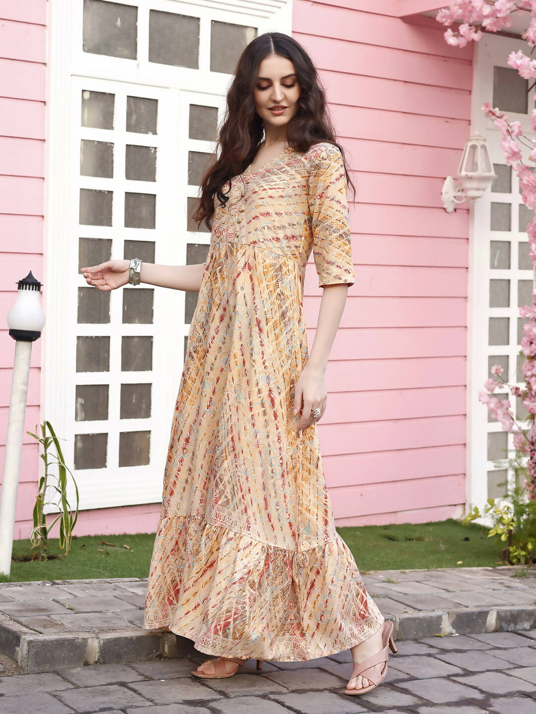 Peach Rayon Foil Printed Long Dress - Michan