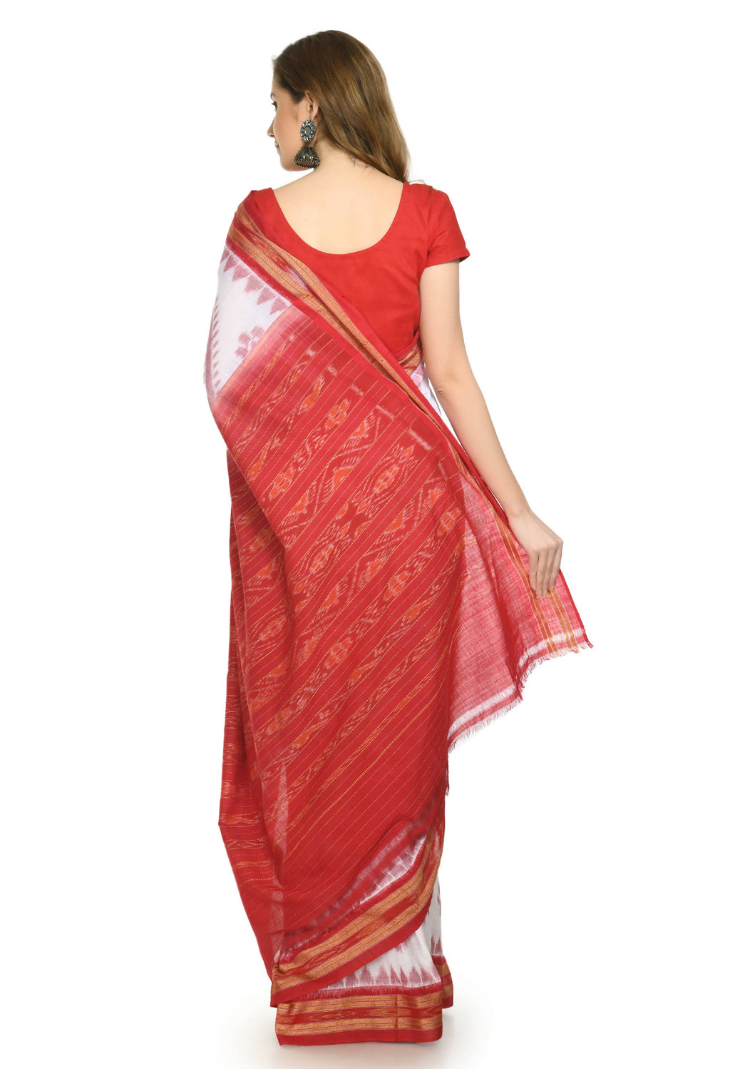 Vamika Sambalpuri Ikat Cotton Dehabandha Badafula White & Red Saree