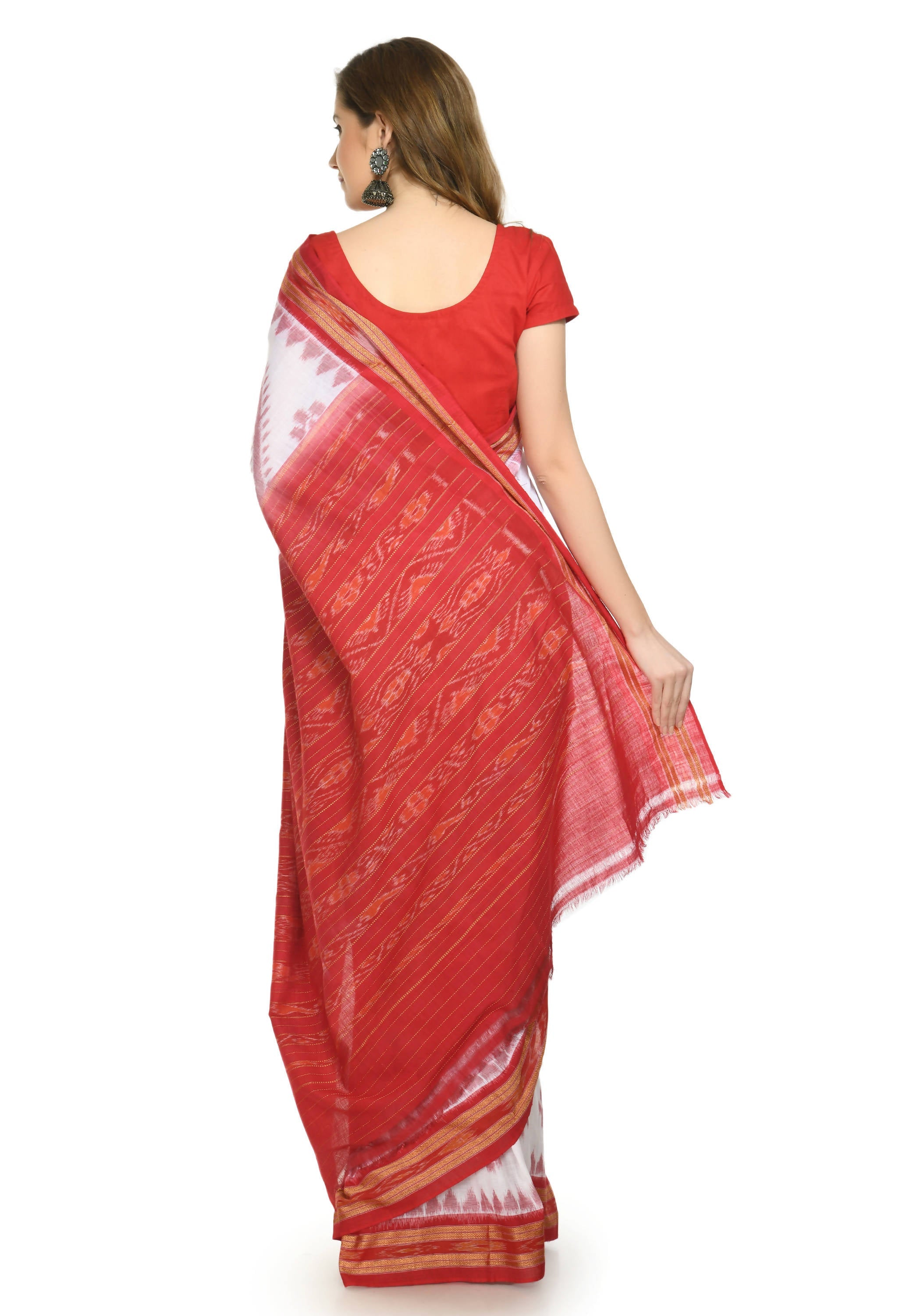 Vamika Sambalpuri Ikat Cotton Dehabandha Badafula White & Red Saree