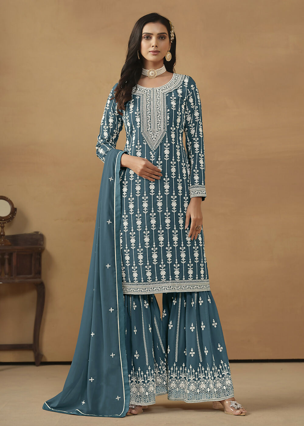 Radiant Teal Embroidered Wedding Festive Gharara Suit - Emponline