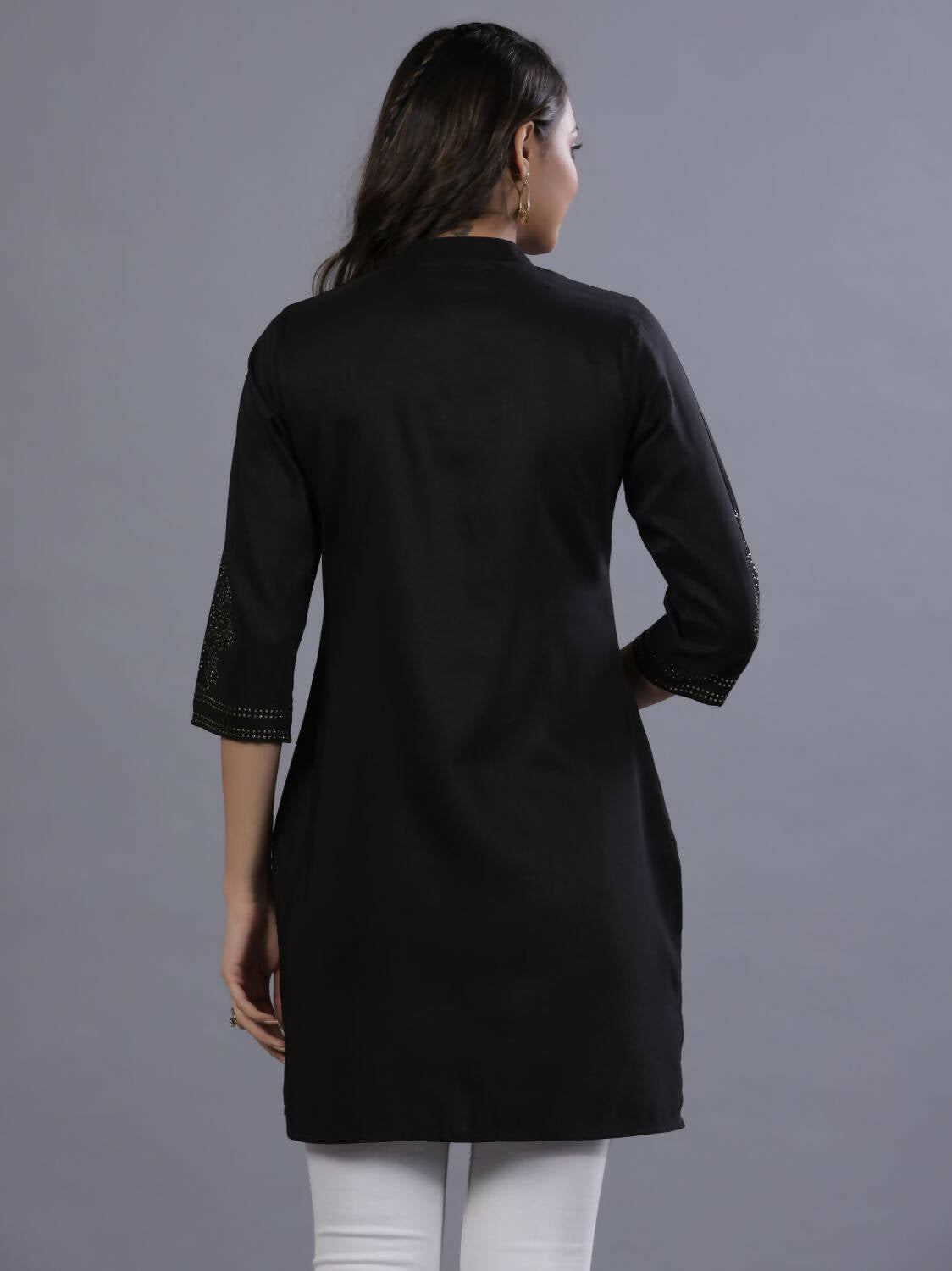 Juniper Women Black Chinon Silk Mukesh Work Straight Tunic
