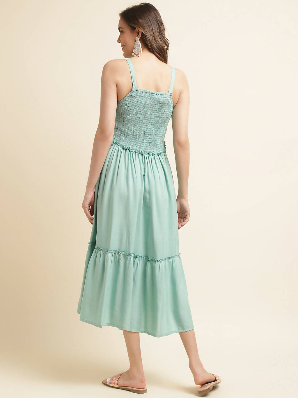 Sea Green Cotton Solid Flared Dress with Printed Shrug - Yukti