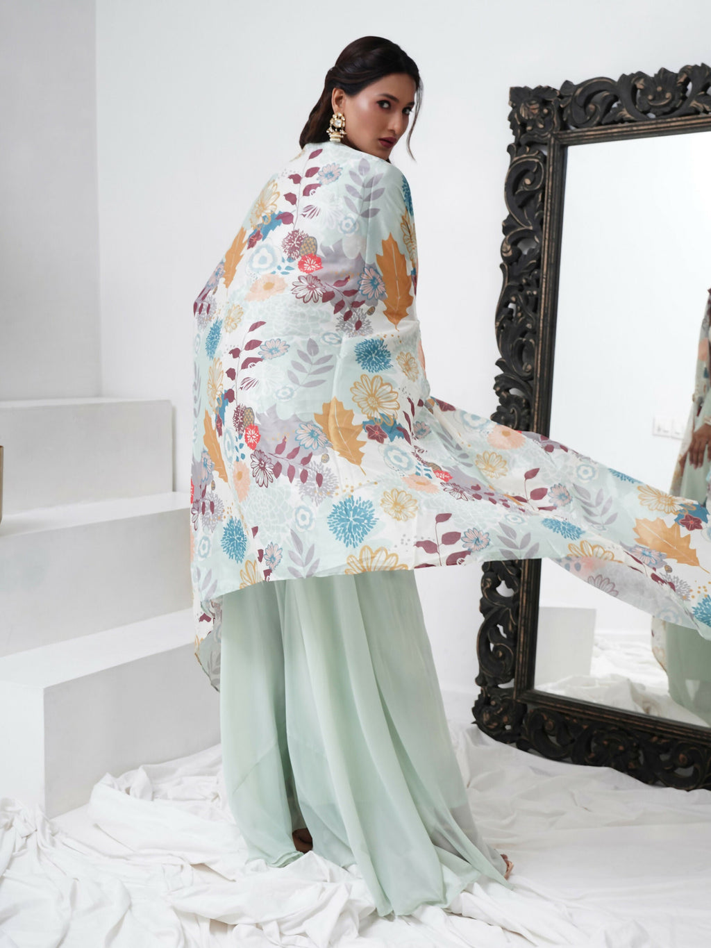 Sea Green Digital Chinon Handwork Top with Palazzo & Shrug - Naomika