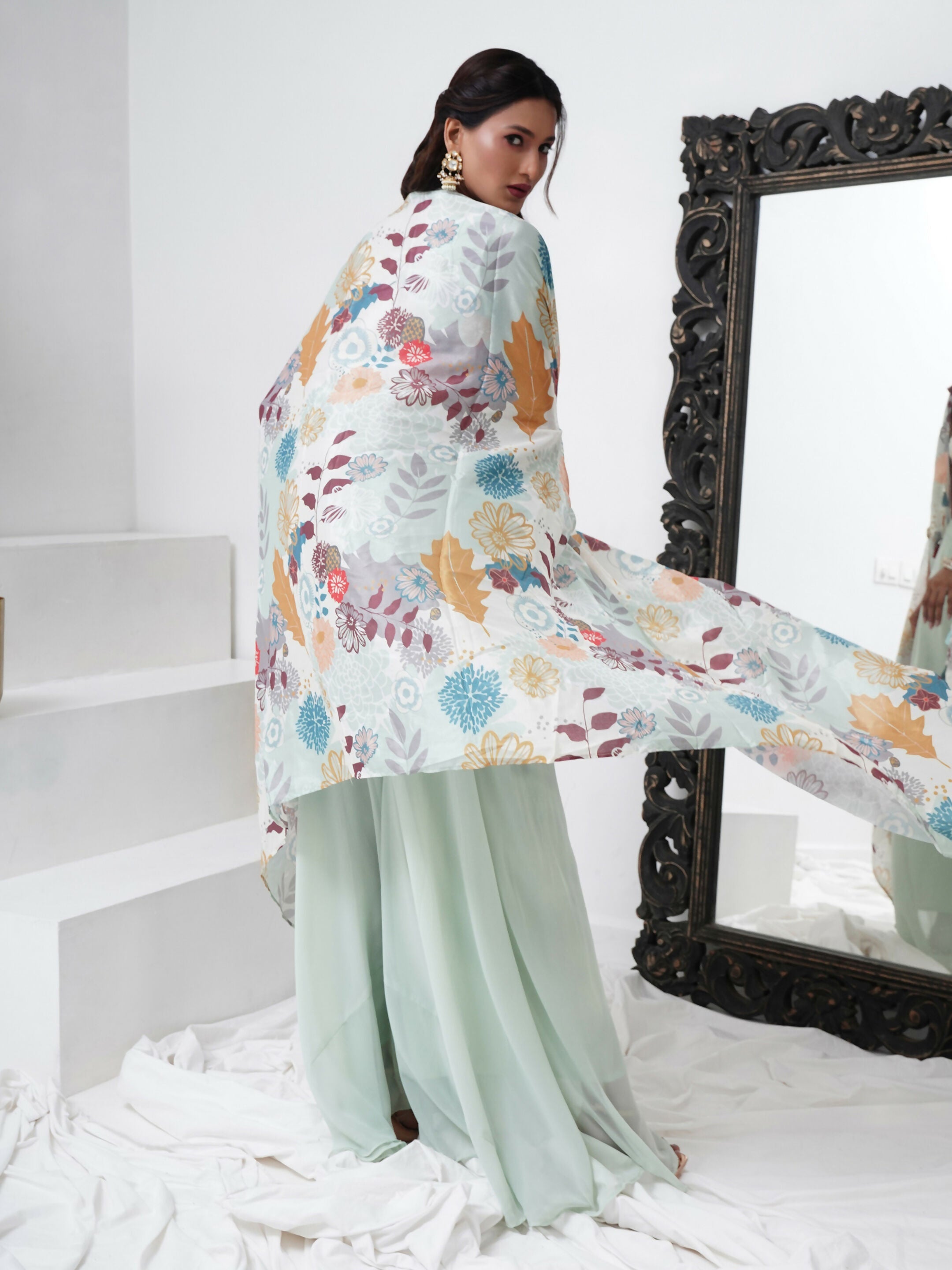 Sea Green Digital Chinon Handwork Top with Palazzo & Shrug - Naomika
