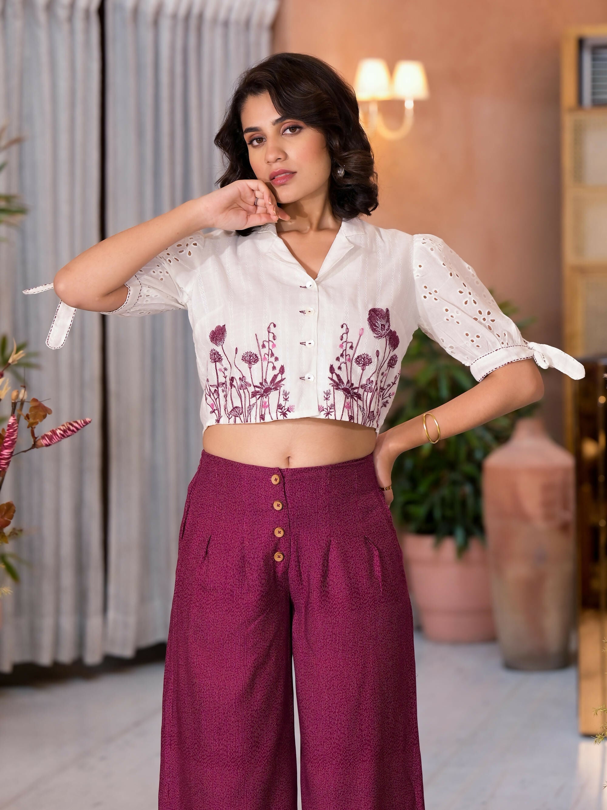 Juniper Women's Wine Thread Embroidered Cotton Shirt Crop Top & Pant Co-Ord Set With Buttons & Tie-ups