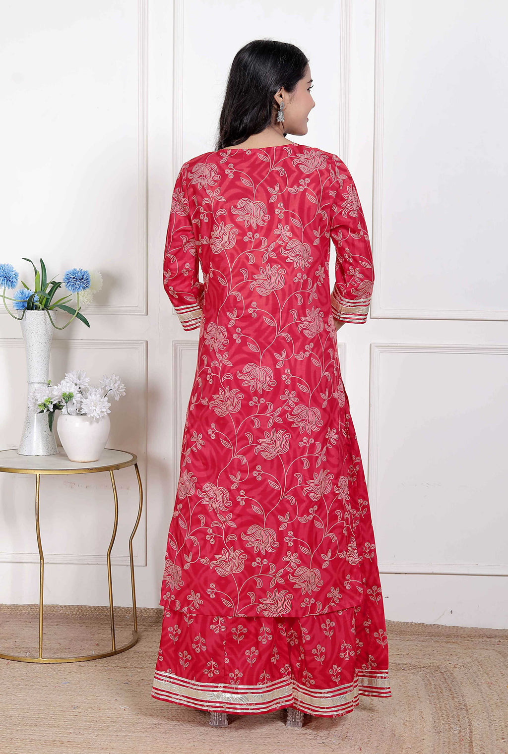 Miravan Red Floral Print Embroidered Cotton Straight Kurta with Palazzo & Dupatta