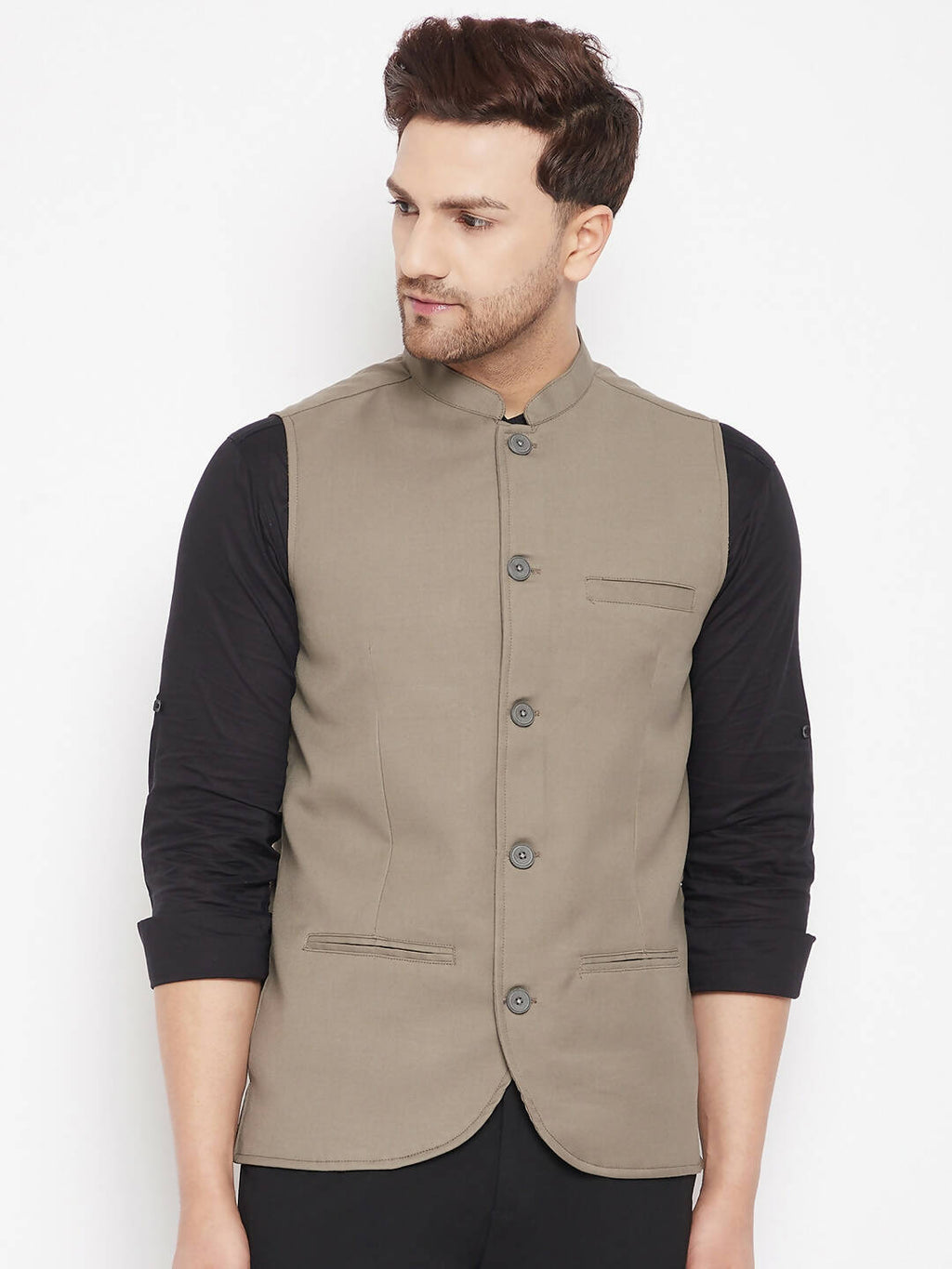 Even Apparels Beige Merino Men Woven Nehru Jacket