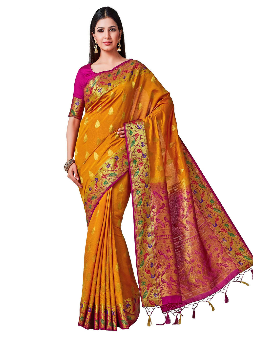 Mimosa Women's Paithani Art Silk Mustard Yellow Saree