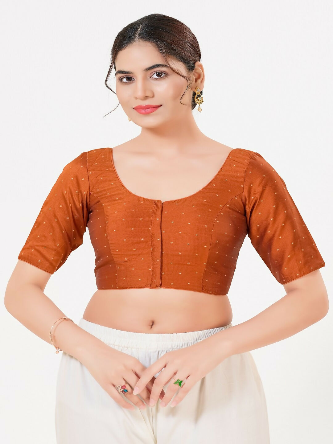 Joban Fashion Rust Taffeta Silk Elbow Sleeveless Front Open Blouse