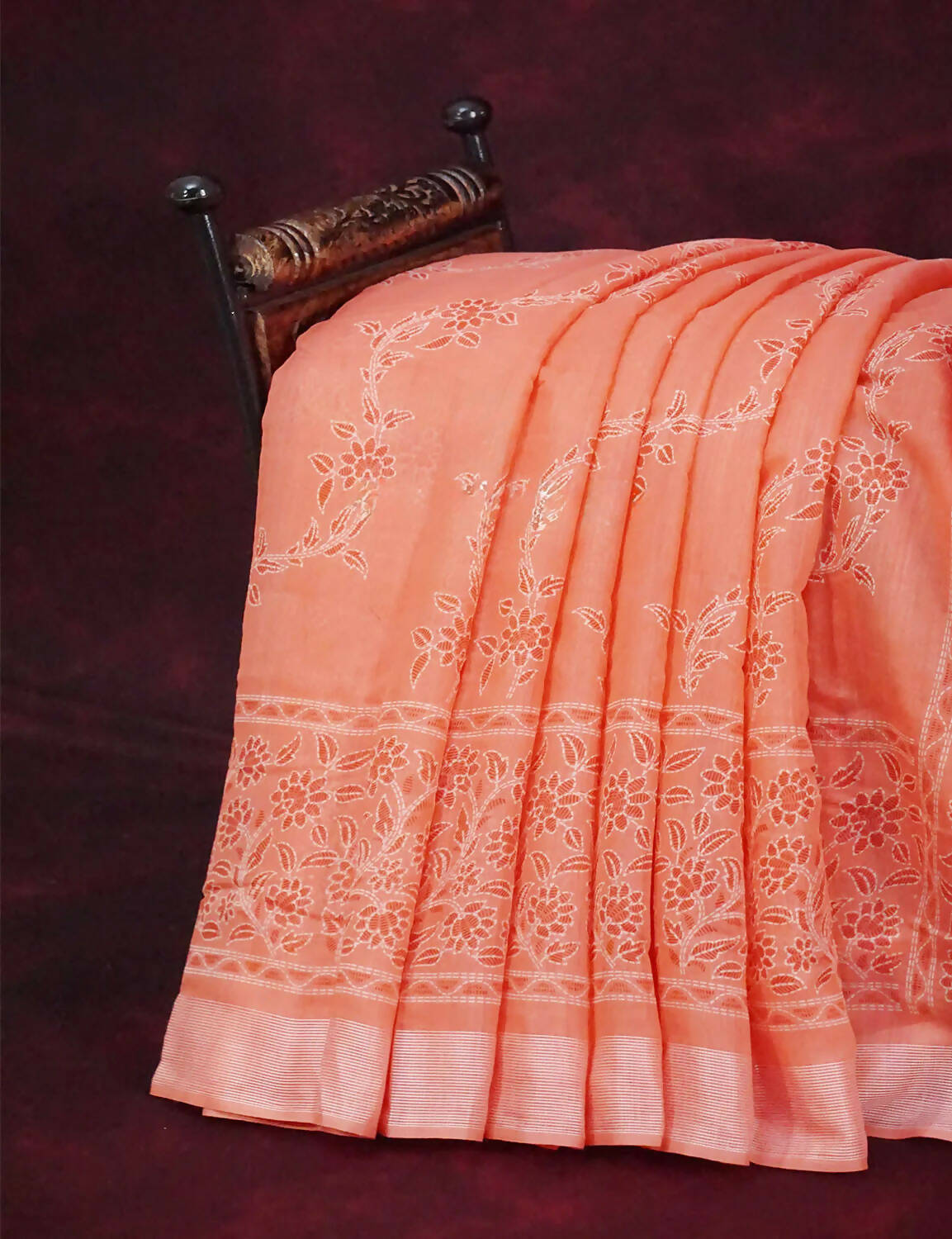 Mix of Peach and Orange Block Printed Semi Chanderi Saree By Gayathri Reddy Designer Studio